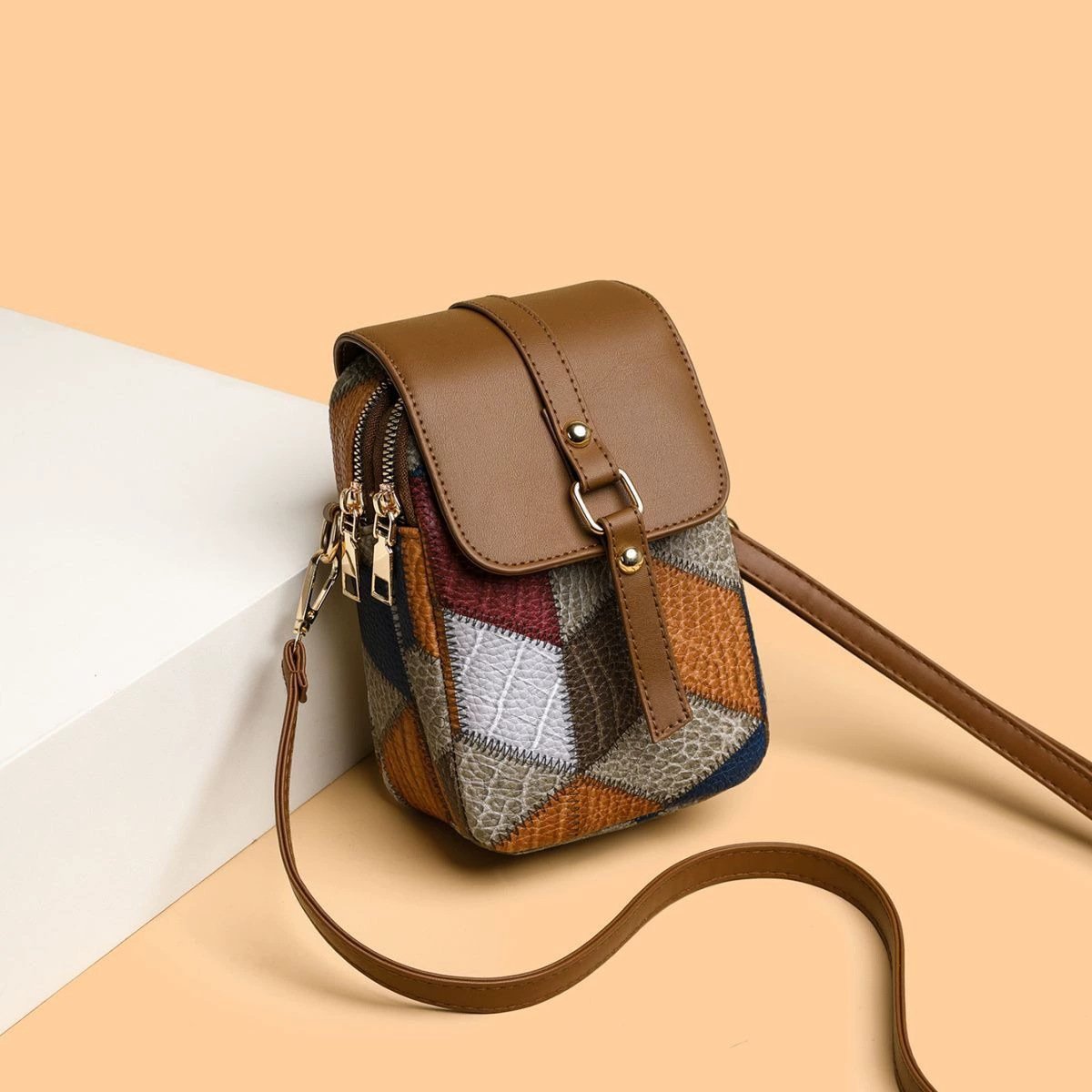 Bagviera compact phone crossbody bag, blue brown patchwork, square gallery view 3