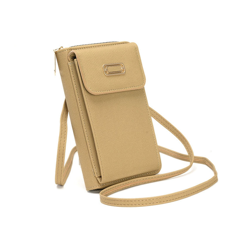 Bagviera slim phone wallet crossbody bag, apricot, front view with flap and gold hardware