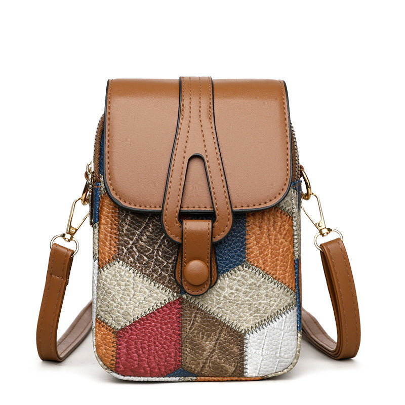 Bagviera compact phone crossbody bag, blue brown patchwork with tan flap, front view