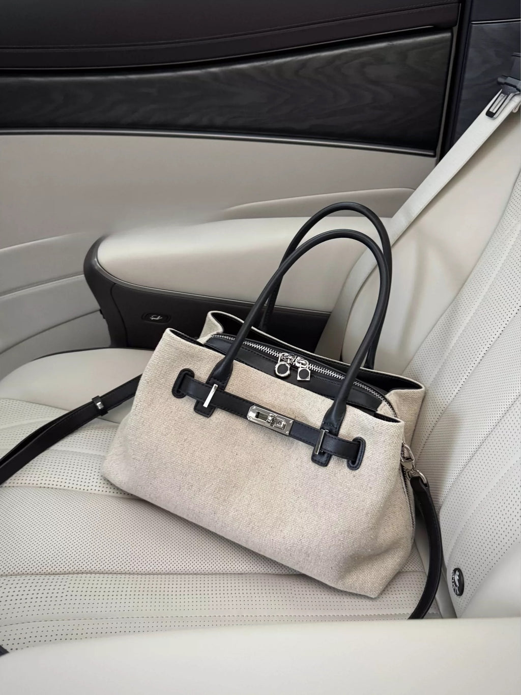 Aria Structured Tote, oatmeal front seat