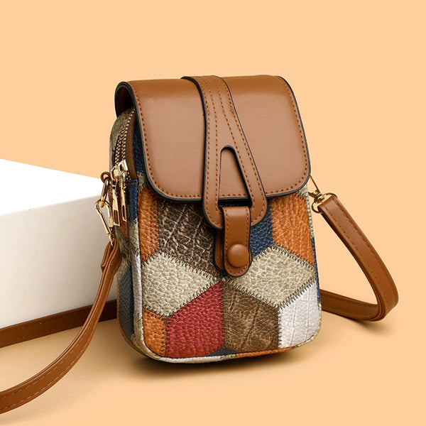 Bagviera compact phone crossbody bag, blue brown patchwork, front view