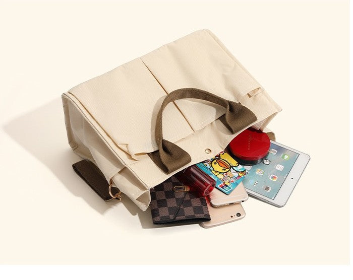 Bagviera canvas work tote bag, capacity demonstration holding tablet, phone and wallet